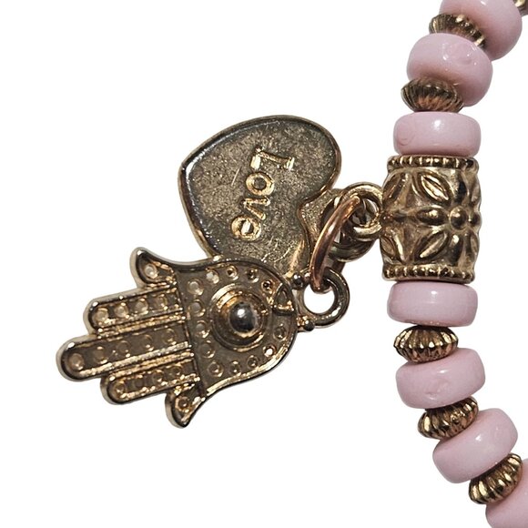 Hamsa Hand of Fatima Beaded Charm Bracelet Pink White Beads Love Charms Women - Picture 2 of 4